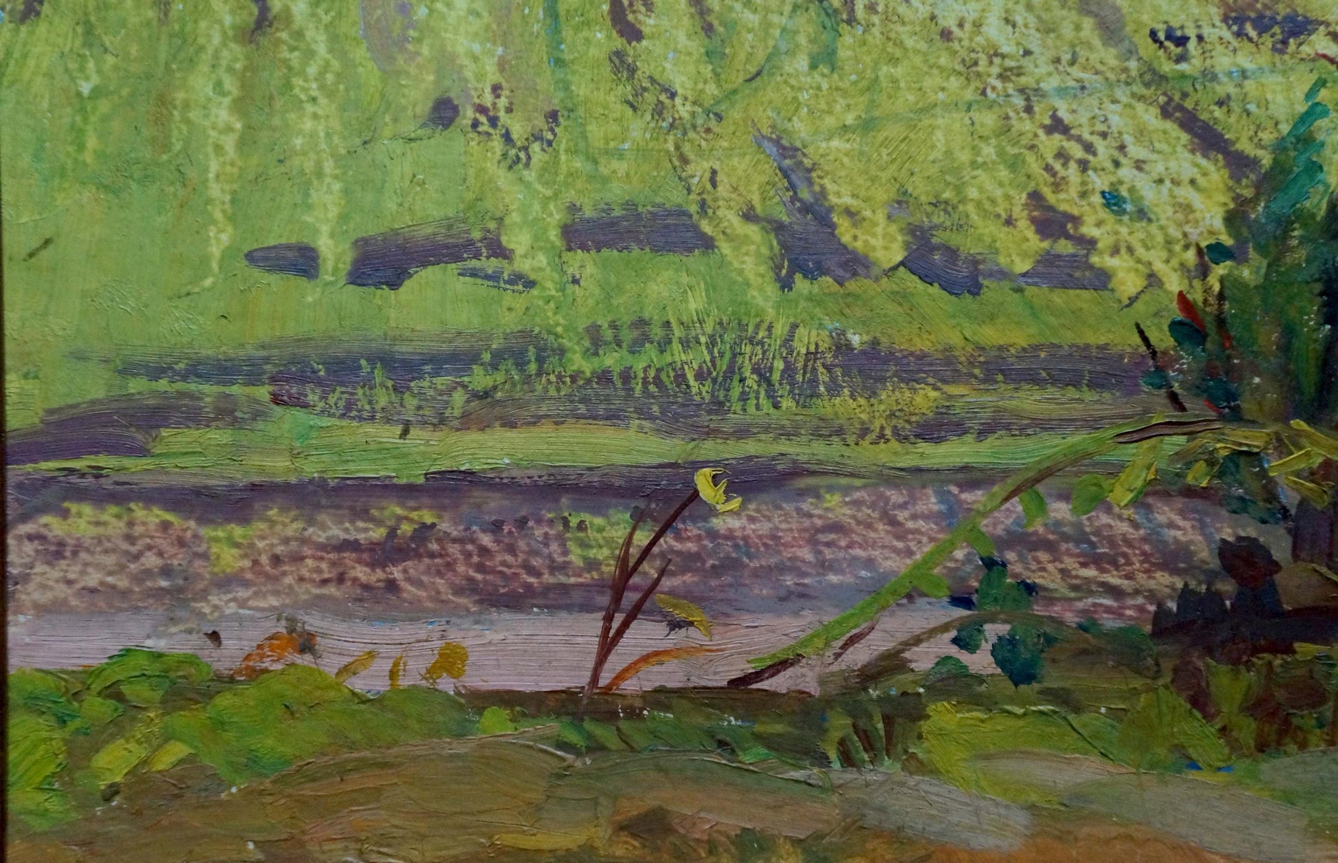 Vibrant impressionist oil painting of farmers lush green field, unknown artist