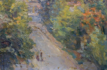 Textured impressionist oil painting by Migulko Viktor Vasilievich of winding path through lush green foliage