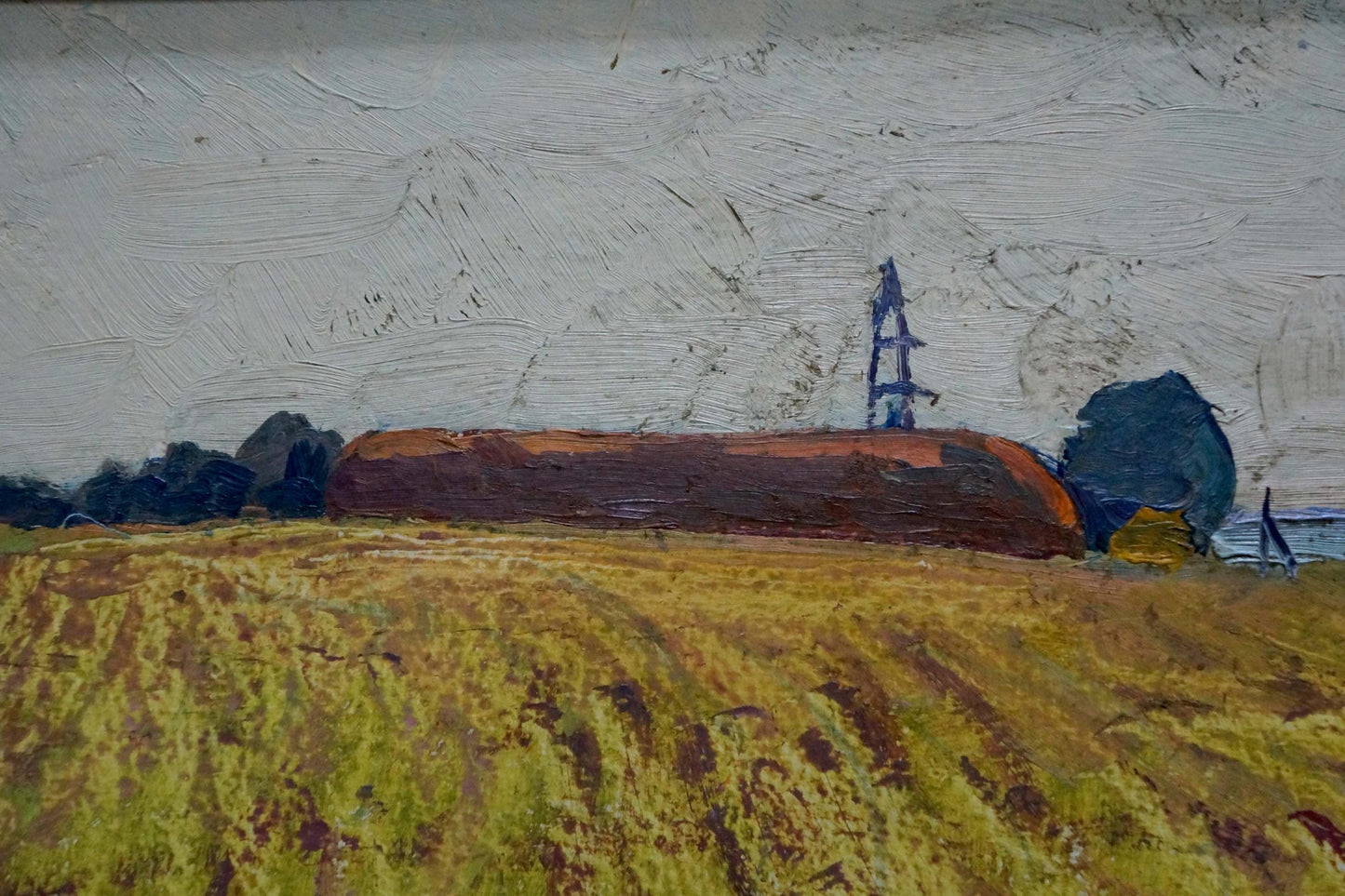 Oil painting of reddish-brown silo in golden field by unknown artist