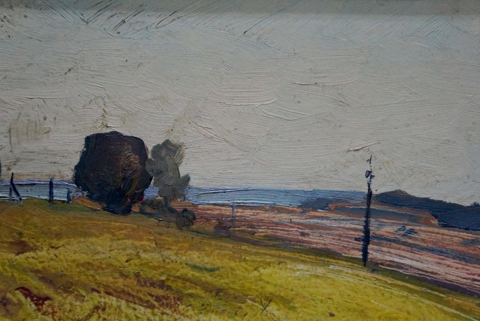 Textured oil painting of farmers field rural landscape by unknown artist
