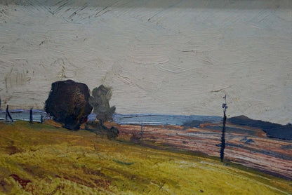 Textured oil painting of farmers field rural landscape by unknown artist