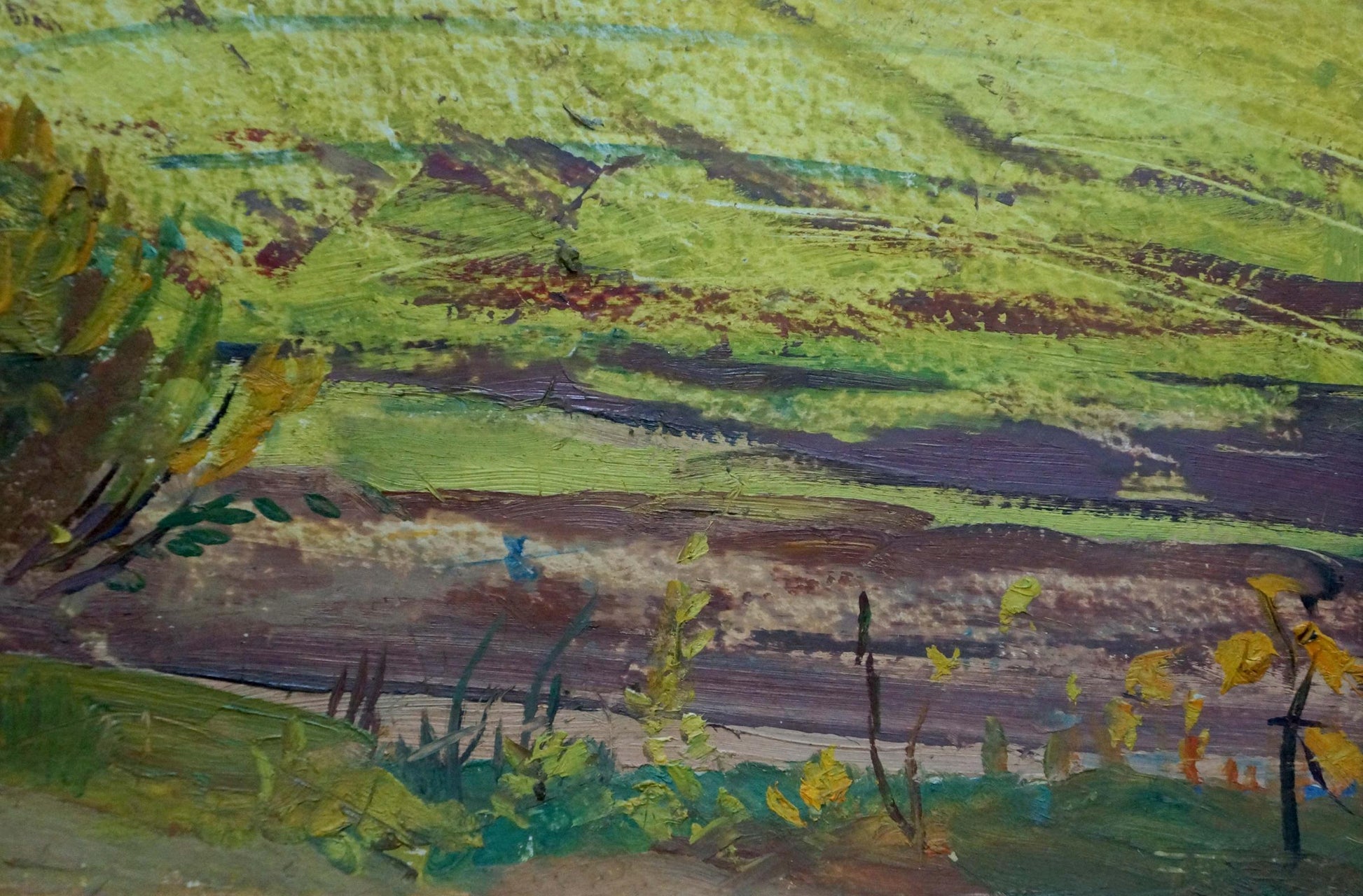 Textured impressionistic oil painting of farmers field by unknown artist
