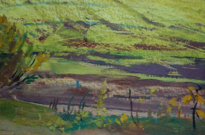 Textured impressionistic oil painting of farmers field by unknown artist