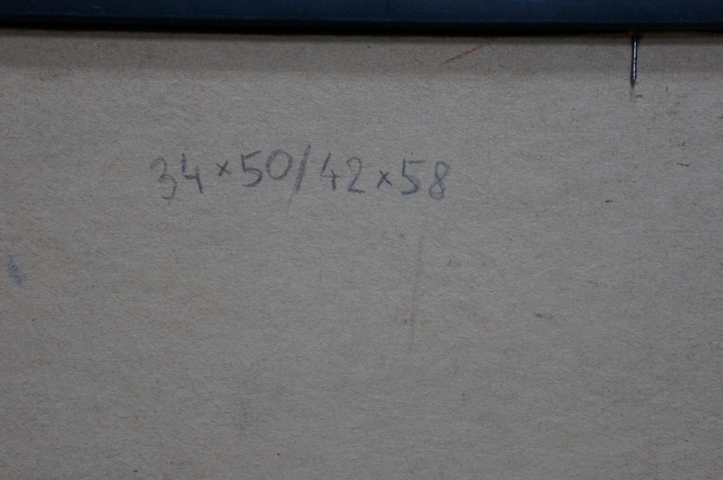 Back of oil painting Farmers field by unknown artist faded gray handwritten measurements on textured off-white surface