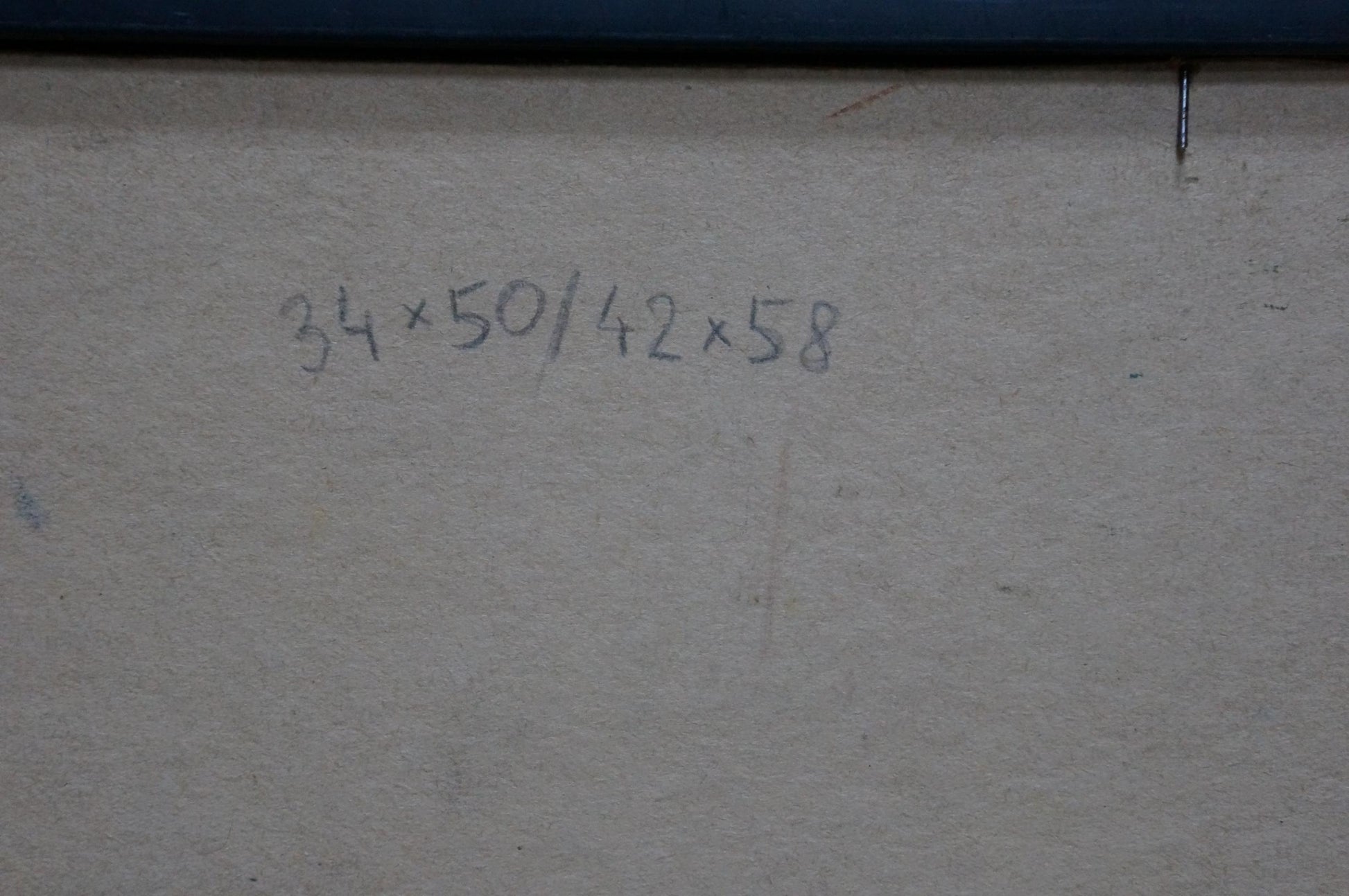 Back of oil painting Farmers field by unknown artist faded gray handwritten measurements on textured off-white surface