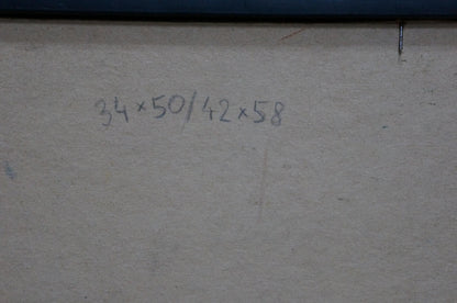 Back of oil painting Farmers field by unknown artist faded gray handwritten measurements on textured off-white surface