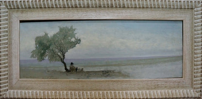 Serene beach painting of lonely man by Yuri Anatolievich Pliss in beige frame