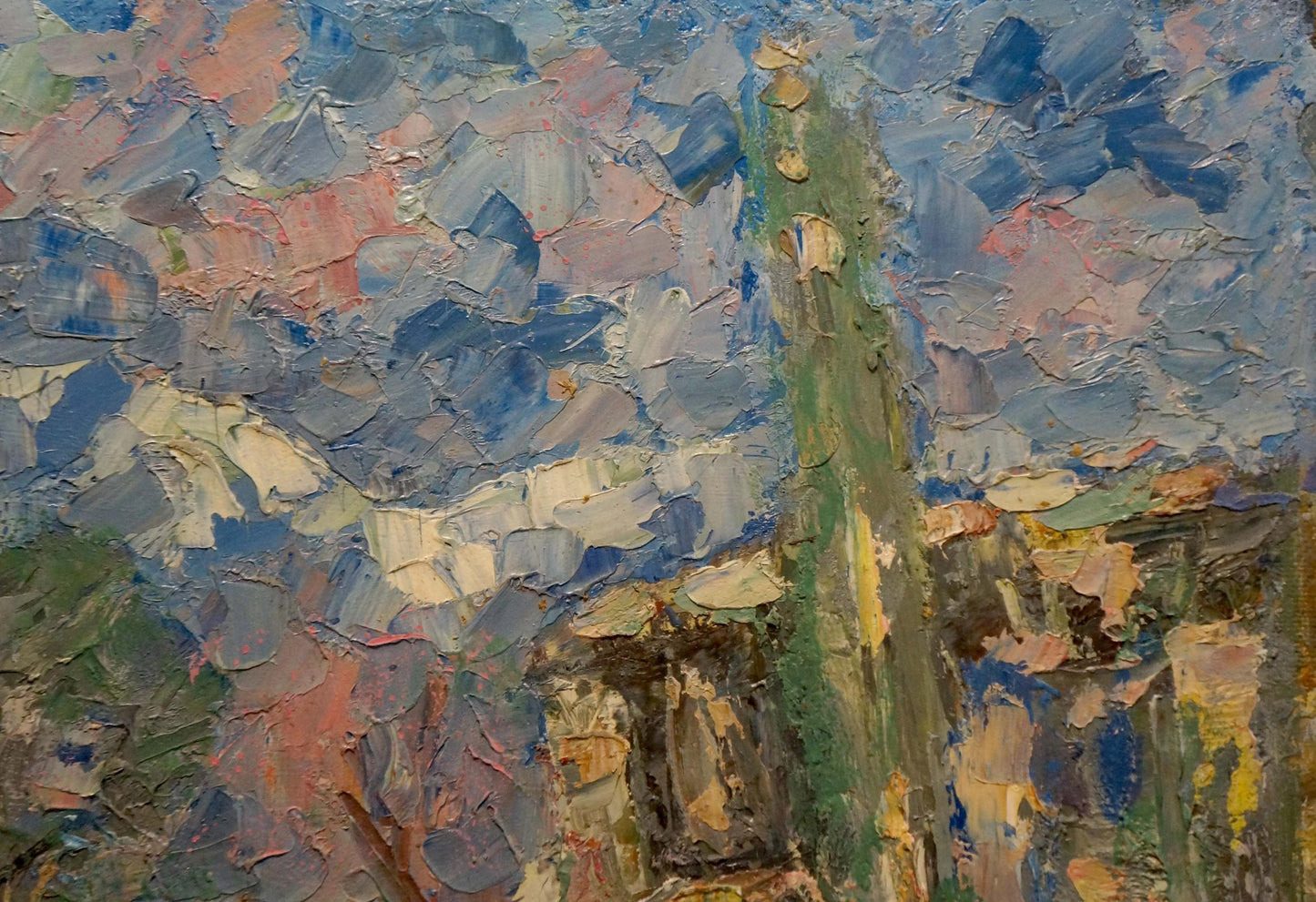 Abstract oil painting of tall green cypress tree by Karelin Vyacheslav