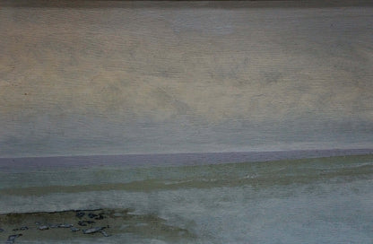 Weathered gray beige wall with faded purple strip in Painting Lonely Man Yuri Anatolievich Pliss