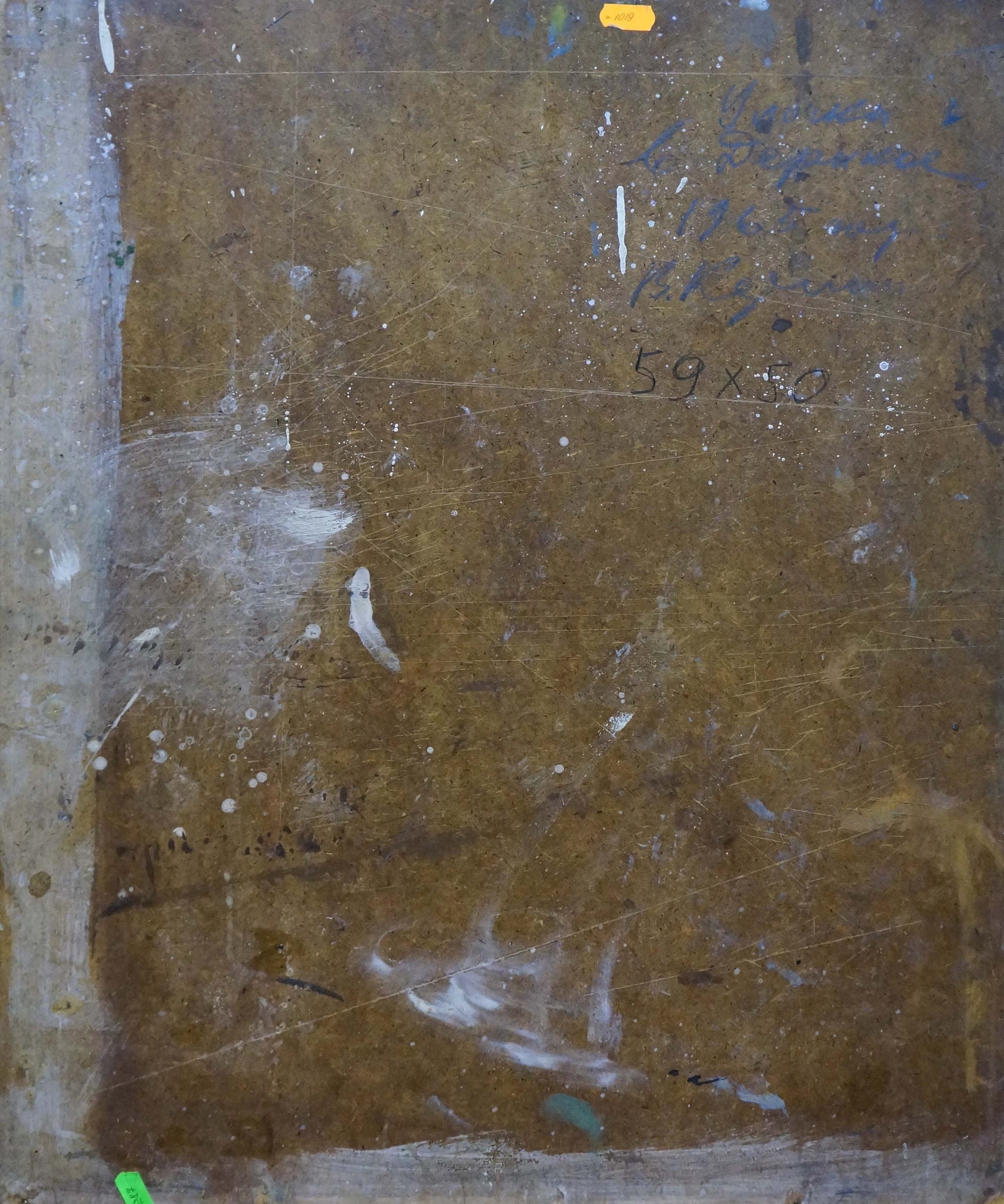 Weathered brown canvas back of Abstract oil painting Streets in the village Karelin Vyacheslav