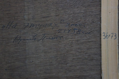 Back of Painting Lonely Man by Yuri Anatolievich Pliss with dark wood panel inscription and vertical ruler