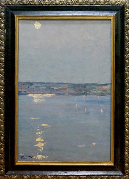 Framed impressionist oil painting of sunset over sea in ornate gold frame