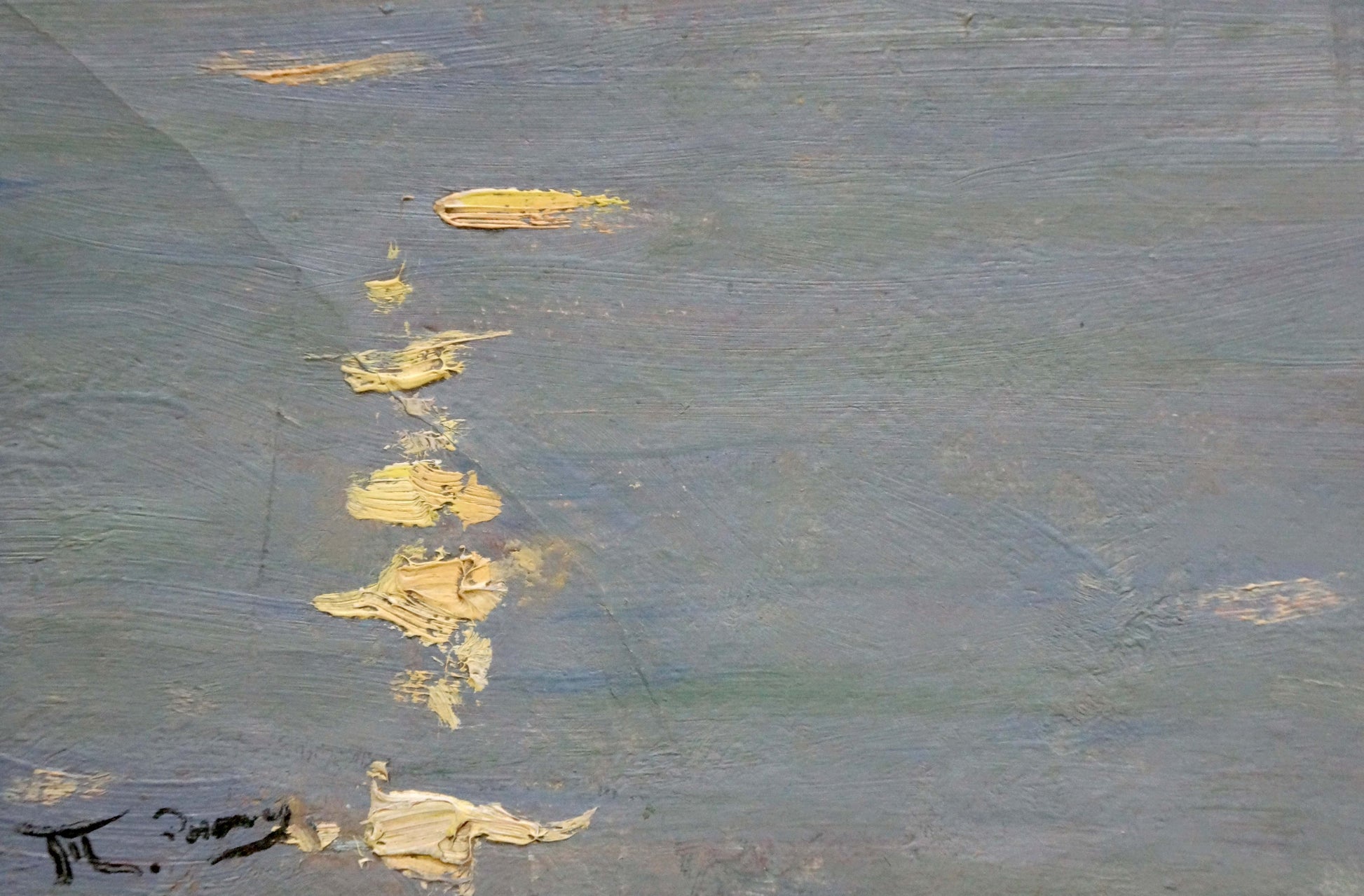 Oil painting of sunset over sea on textured gray canvas with yellow patches