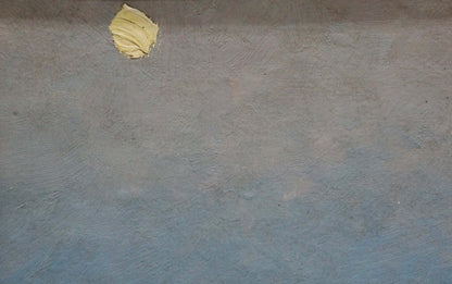 Oil painting of pale yellow butter dollop on blue-gray counter, sunset over sea