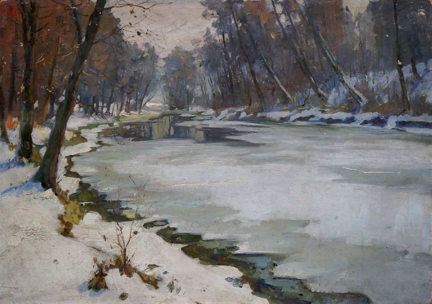 Oil painting by Egorov Boris Kuzmich: frozen river with snow banks and bare trees