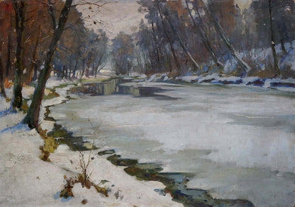 Oil painting by Egorov Boris Kuzmich: frozen river with snow banks and bare trees