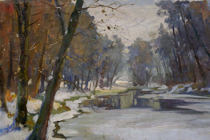 Oil painting by Egorov Boris Kuzmich: autumnal forest with bare trees on snow-dusted riverbank