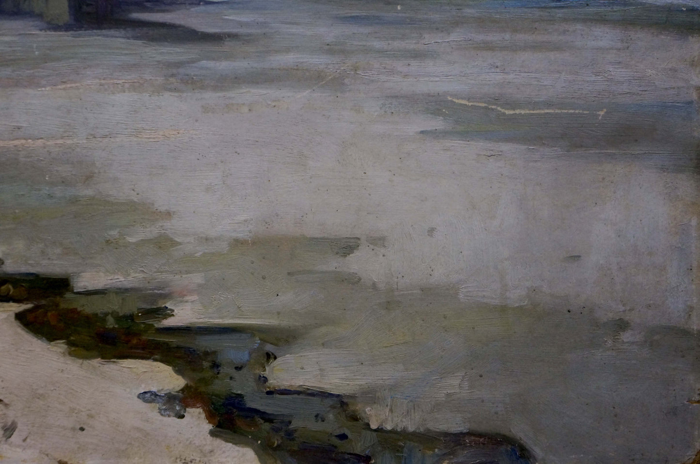 Textured impressionistic oil painting of Egorov Boris Kuzmich winter shoreline landscape