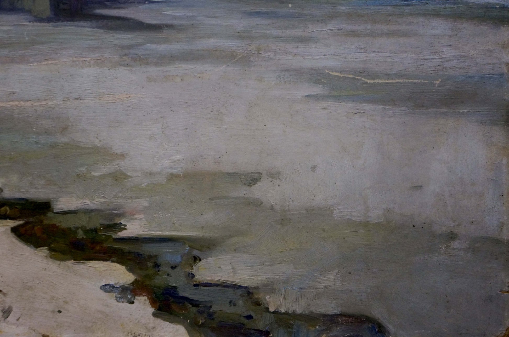 Textured impressionistic oil painting of Egorov Boris Kuzmich winter shoreline landscape