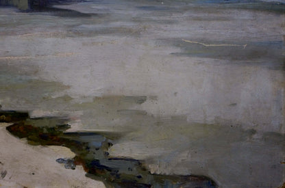 Textured impressionistic oil painting of Egorov Boris Kuzmich winter shoreline landscape