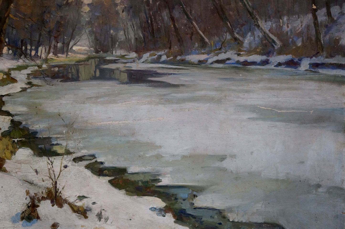 Oil painting by Egorov Boris Kuzmich: frozen river with ice patches and snow banks