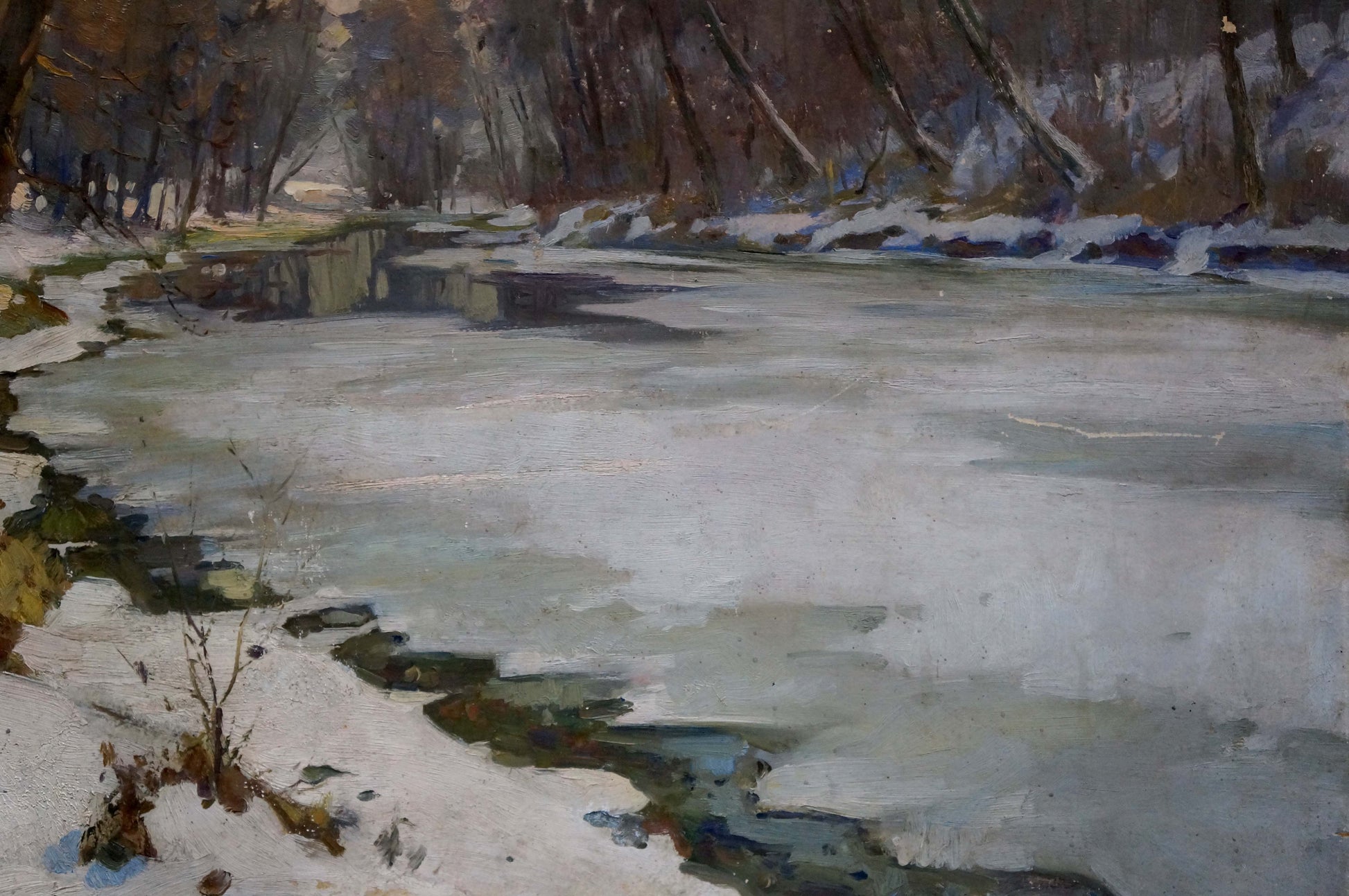 Oil painting by Egorov Boris Kuzmich: frozen river with ice patches and snow banks