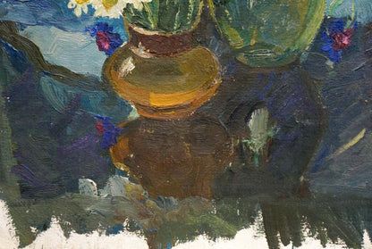 Golden-yellow ceramic vase with brown rim holding green foliage in Oil painting Flowers Zinaida Mikhailovna Kovalevskaya