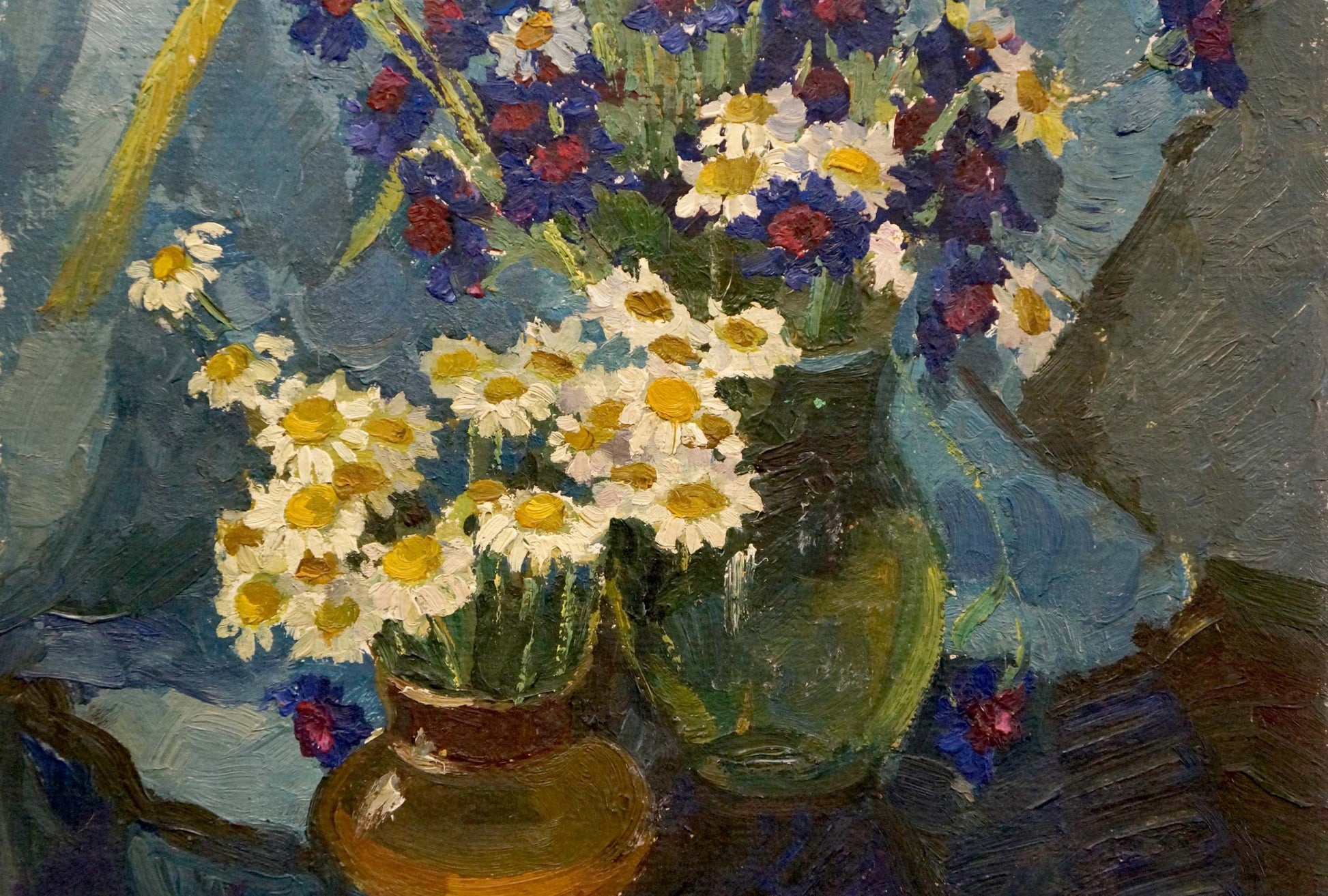 Oil painting of white daisies and purple-blue flowers by Zinaida Mikhailovna Kovalevskaya