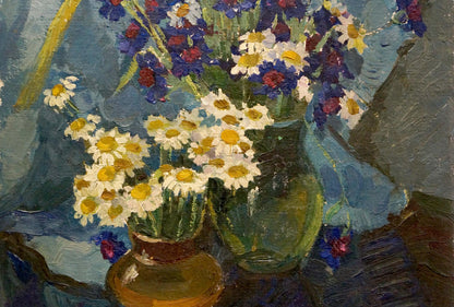 Oil painting of white daisies and purple-blue flowers by Zinaida Mikhailovna Kovalevskaya