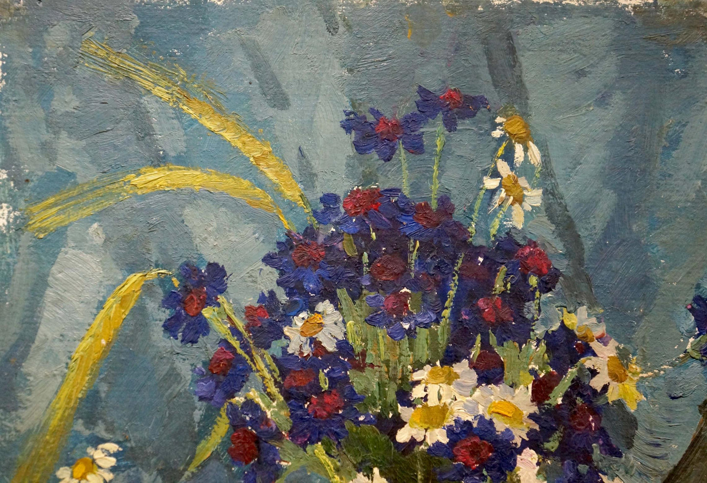 Oil painting of vibrant blue white red flowers by Zinaida Mikhailovna Kovalevskaya