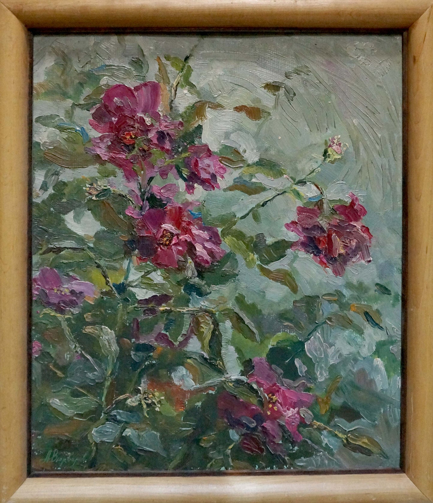 Oil painting Rosehip Color by Anatoly Varvarov: vibrant pink roses