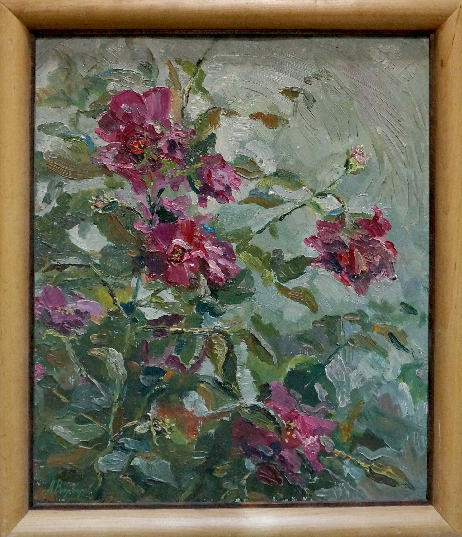 Oil painting Rosehip Color by Anatoly Varvarov: vibrant pink roses