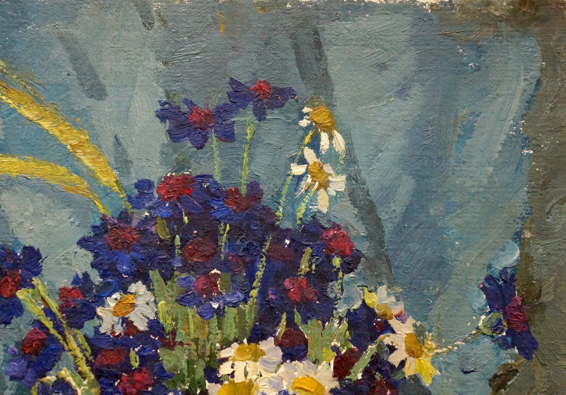Oil painting of blue white daisies by Zinaida Mikhailovna Kovalevskaya