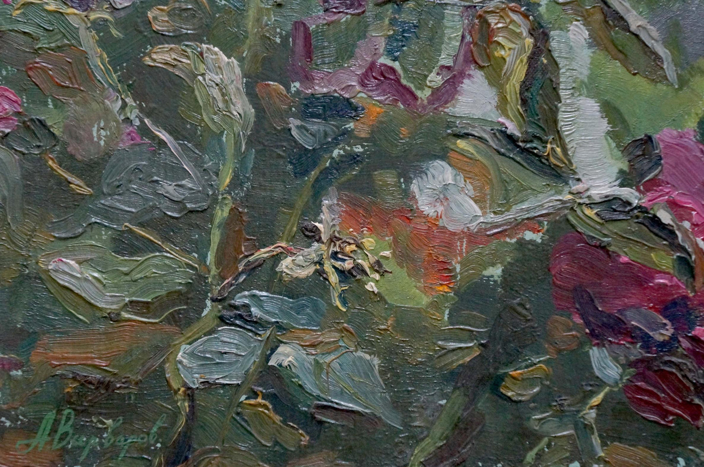 Oil painting Rosehip color by Anatoly Varvarov: vibrant pink red flowers in lush green foliage with impasto brushstrokes