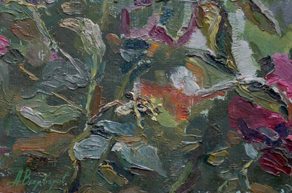 Oil painting Rosehip color by Anatoly Varvarov: vibrant pink red flowers in lush green foliage with impasto brushstrokes