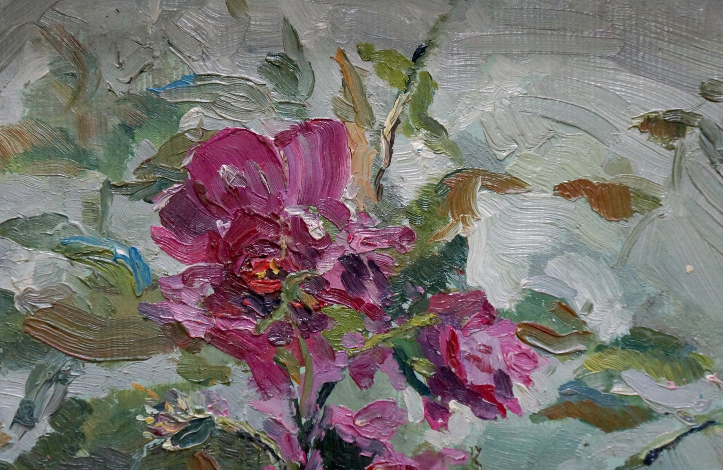 Oil painting Rosehip color by Anatoly Varvarov: magenta pink flowers