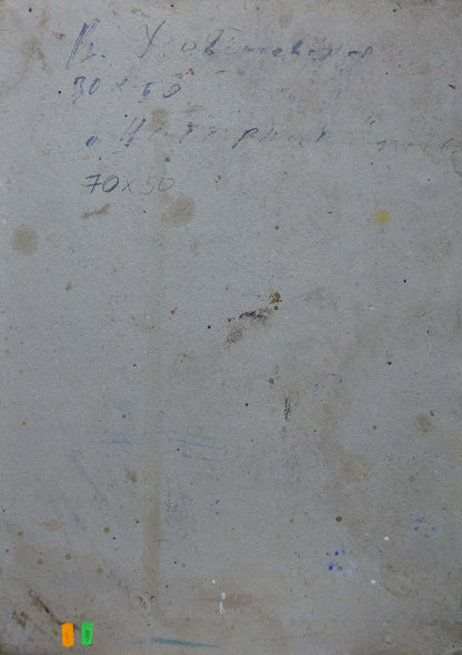 Back of faded off-white canvas with blue ink markings, stains, Oil painting Flowers Zinaida Mikhailovna Kovalevskaya