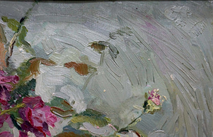 Oil painting Rosehip color by Anatoly Varvarov: pink purple flowers