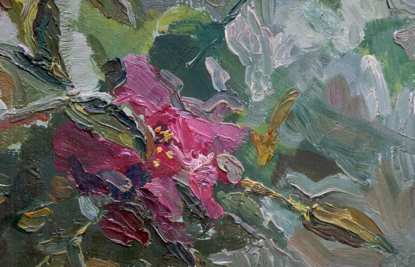 Vibrant pink rosehip flower oil painting by Anatoly Varvarov