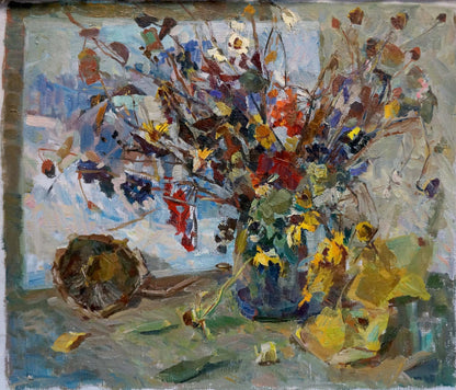 Vibrant impressionistic oil painting of colorful bouquet in blue vase by Vera Dovgalevskaya