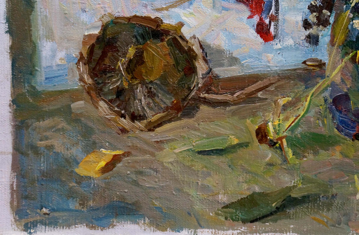 Textured earth-toned oil painting of sunflower by Vera Dovgalevskaya