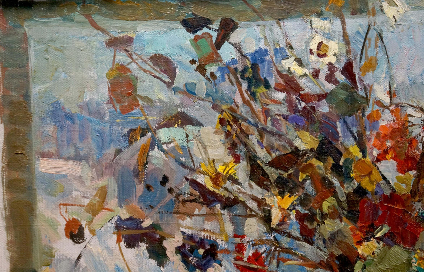 Vibrant oil painting of flowers by Vera Dovgalevskaya with bold colorful strokes