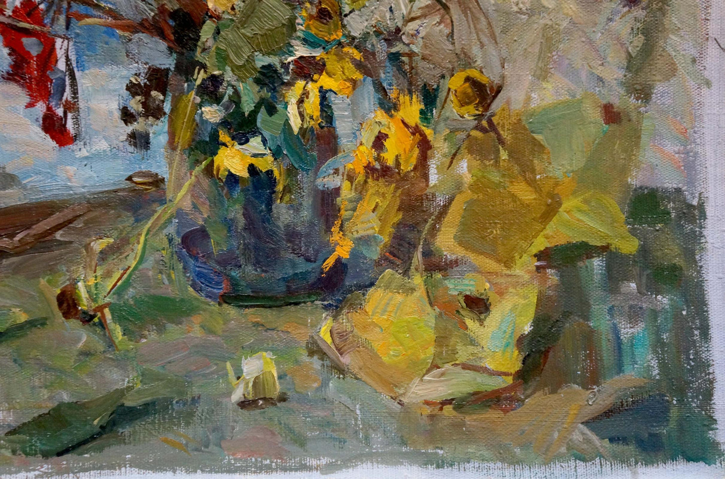 Vibrant oil painting of sunflowers in blue vase by Vera Dovgalevskaya