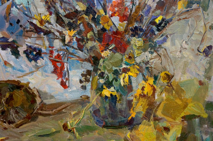 Vibrant impressionistic oil painting of sunflower bouquet by Vera Dovgalevskaya