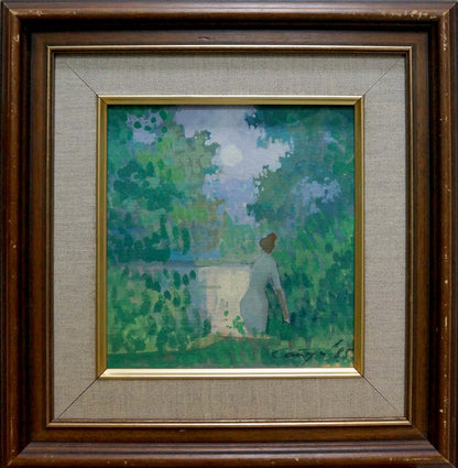 Oil painting Girl at the Pond in ornate framed display