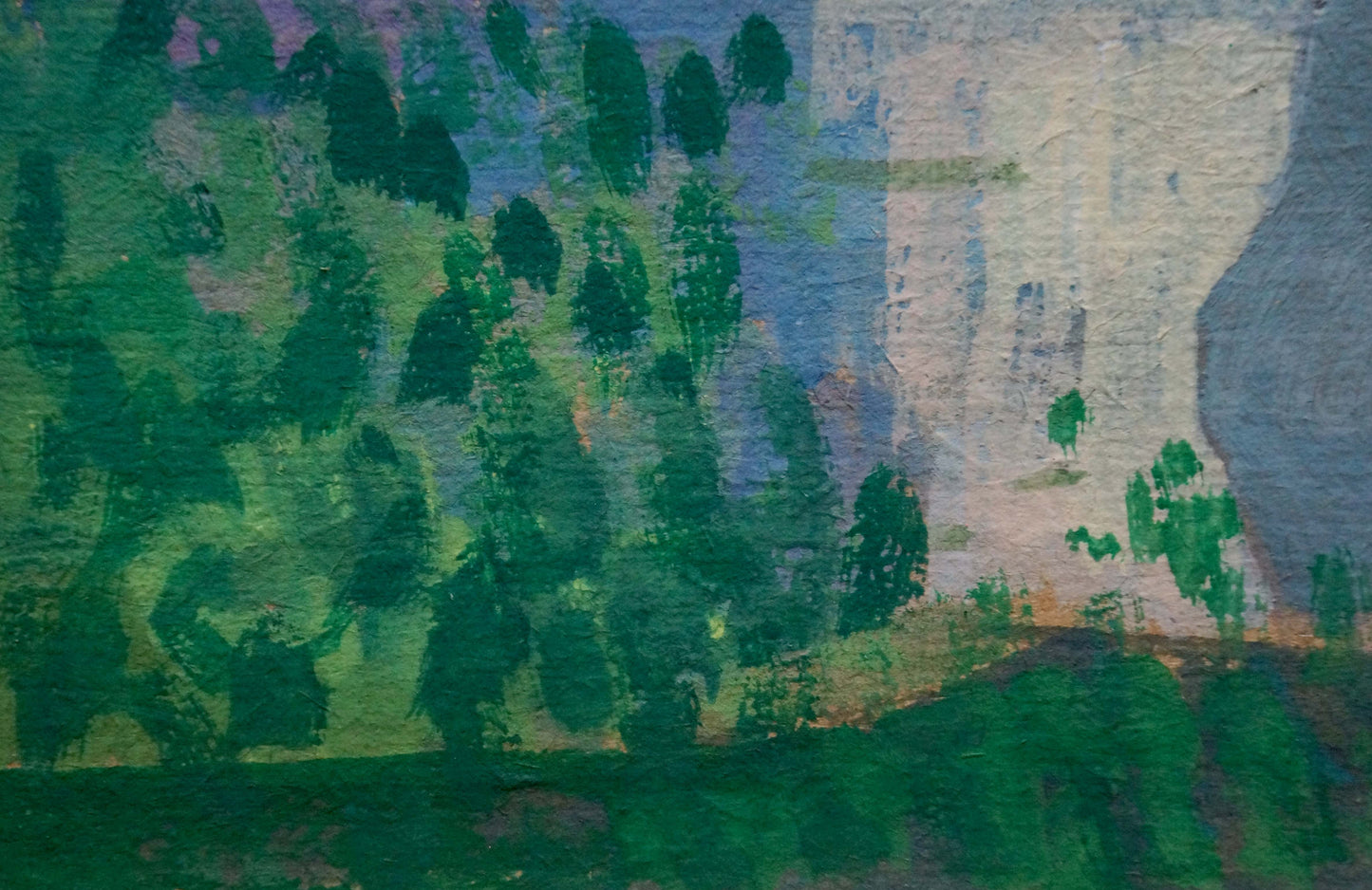 Oil painting Girl at the Pond: dark green trees on pale cliffside canvas
