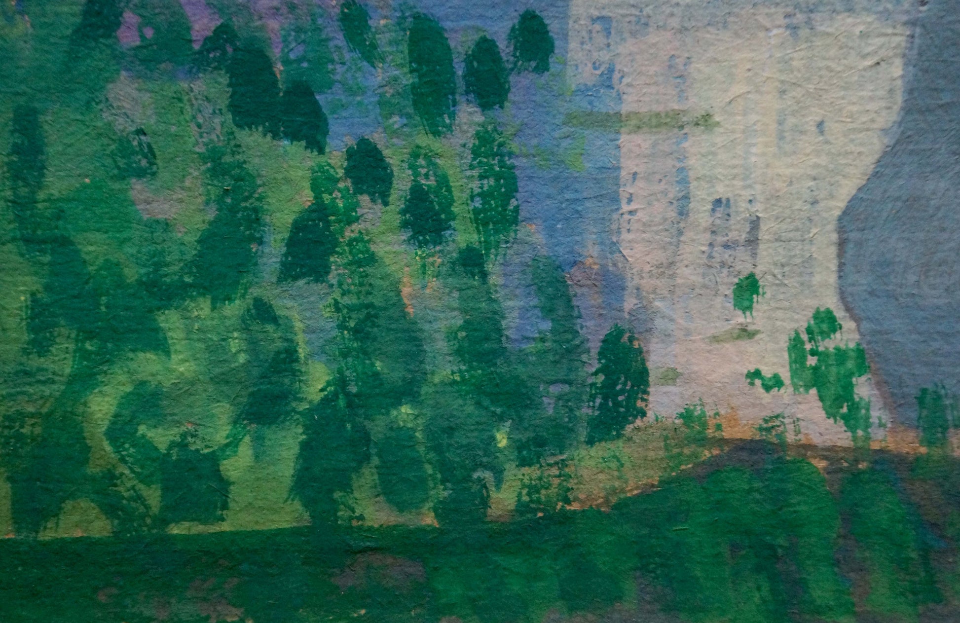 Oil painting Girl at the Pond: dark green trees on pale cliffside canvas