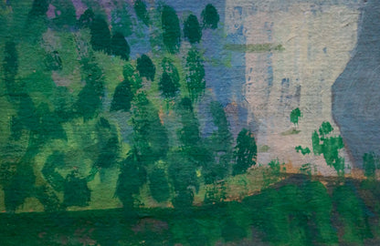 Oil painting Girl at the Pond: dark green trees on pale cliffside canvas