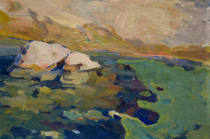 Oil painting by Zaichenko Vasily Andrianovich: pale textured stones in swirling green blue landscape