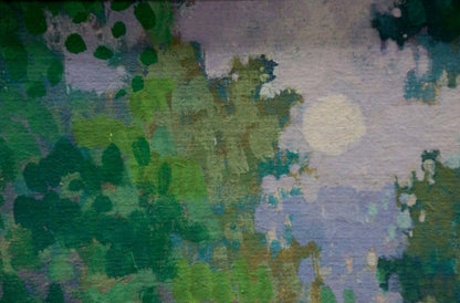 Oil painting Girl at the Pond abstract textured green blue purple with white circle